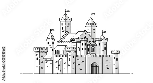 Photos Minimalist Line Art Vector Illustration of a Medieval Castle Fortress