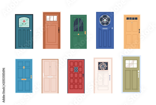 Front door designs set. Home entrances, house building entries with glass win...