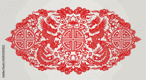 Traditional Chinese Paper Cutting Art with Dragons and Phoenixes