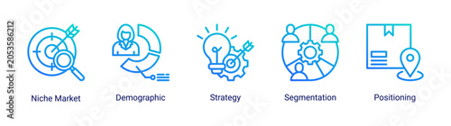 Фотография Market strategy icon set featuring demographic,targeting,and positioning icons for business planning and audience analysis projects