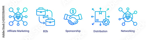 Affiliate network icon set with sponsorship,distribution,and partnership icons for business collaboration and marketing growth projects.
