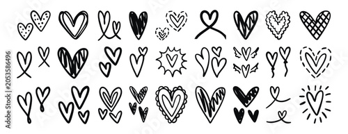 Monochrome heart doodles set. Hand drawn hearts in different styles, outline and line art for coloring pages and tattoos, isolated on monochrome. set, line art, outline, doodle.