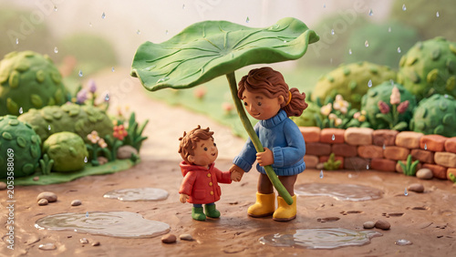 Claymation style illustration of a mother and child walking together under a large leaf