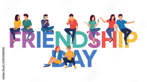 Obraz na plátně Celebrating Friendship Day: Young people and friends gather around the vibrant Friendship Day lettering