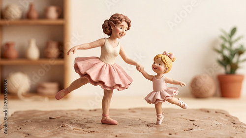 Clay figurines of a mother and daughter dancing together in ballet outfits