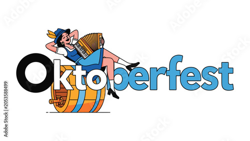 Oktoberfest Celebration Illustration: A cheerful woman in traditional Bavarian attire relaxes on a beer barrel, playing an accordion amidst the vibrant Oktoberfest text.