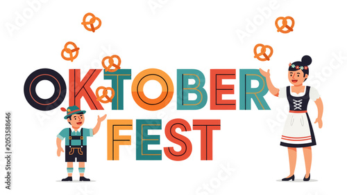 Schilderij op canvas Oktoberfest Celebration with Pretzel Toss: A vibrant illustration of the Oktoberfest festival featuring large colorful letters spelling OKTOBERFEST and two costumed figures playfully tossing pretzels