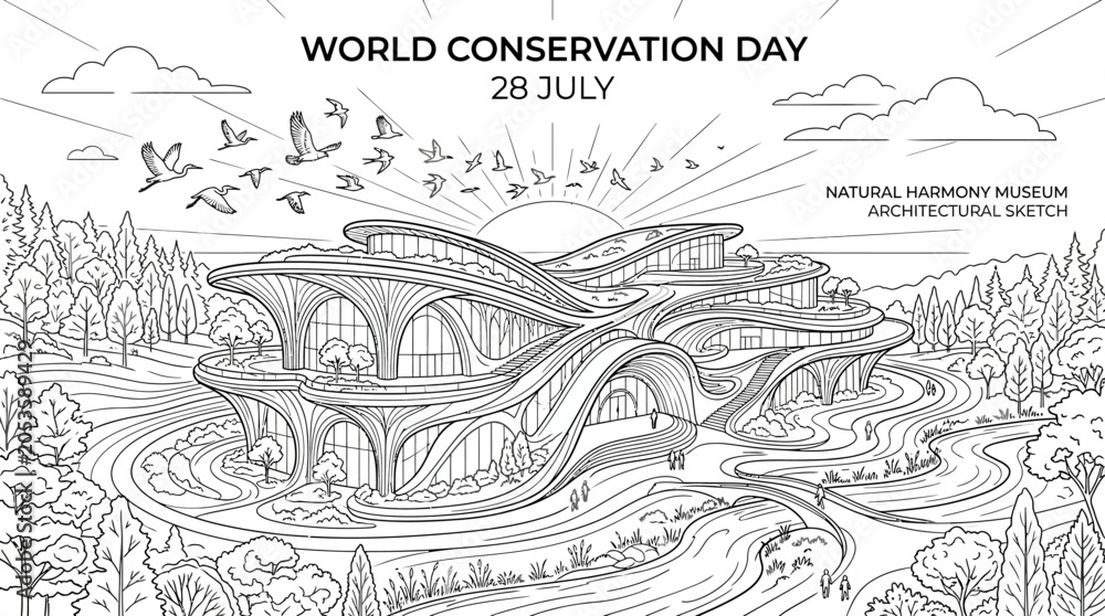 Fototapeta premium World Conservation Day illustration depicts eco-friendly architecture and nature