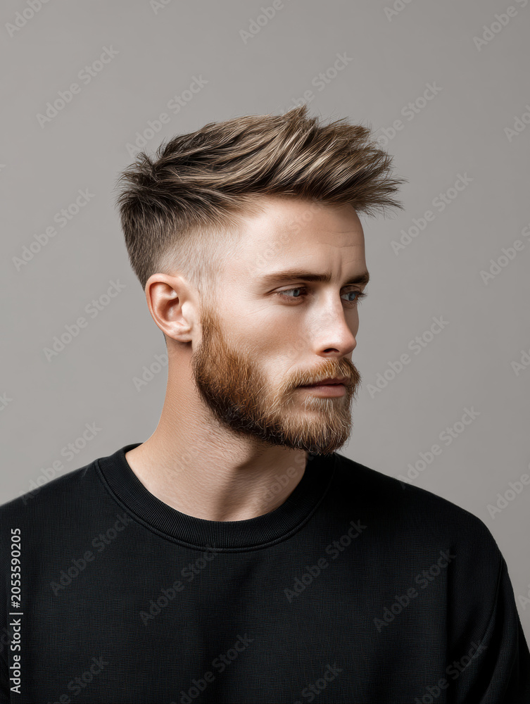 Obraz premium Man portrait haircut beard studio profile modern texture, thoughtful male model with messy crop and fade hairstyle on gray background