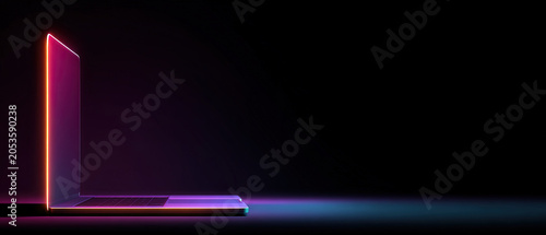 Sleek laptop with glowing neon edges on a dark background, showcasing futuristic digital technology and minimal design.
