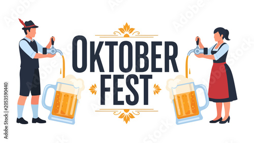 Foto Oktoberfest Celebration: A traditional Oktoberfest scene featuring a man in Lederhosen and a woman in Dirndl pouring beer into large mugs, with the festival's name prominently displayed