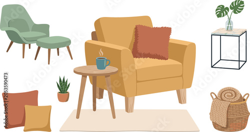 Quadro su tela Cozy hand drawn living room furniture vector elements set featuring comfortable