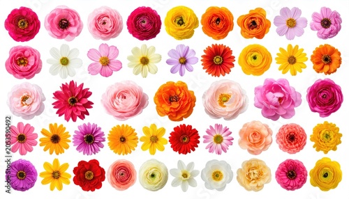 A vibrant collection of assorted flowers, showcasing diverse colors and shapes on a pristine white background