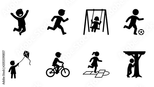 Photos Children's Activities Icons, Playful Childhood Vector Set, Outdoor Fun Silhouett