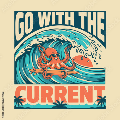 Orange octopus surfing on surfboard in ocean wave with text