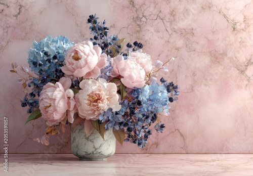 A vibrant floral arrangement of pink peonies and blue hydrangeas, set against a pink marble wall, in a ceramic vase