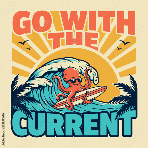 Orange octopus surfing a wave wearing sunglasses with text
