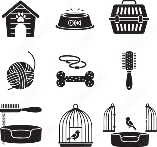 Minimalist Black and White Pet Care Icons Set for Infographics and Design