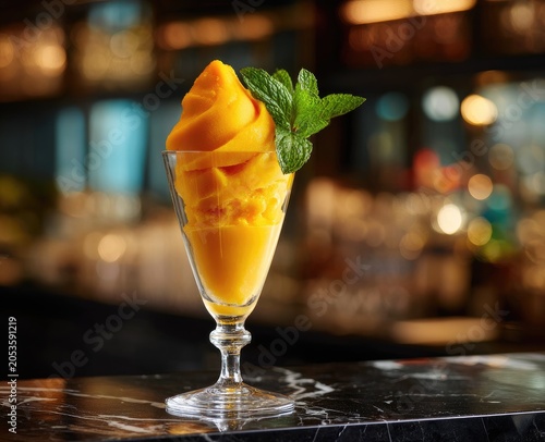 A vibrant, frozen, yellow-orange dessert in a stemmed glass, topped with fresh green leaves. The background shows a blurred interior