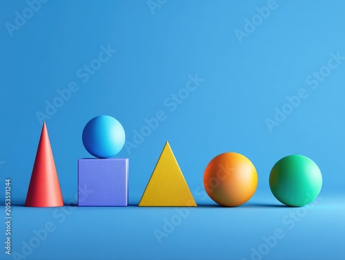 A vibrant, geometric arrangement features a cone, cube topped with a sphere, triangle, and two spheres, all against a blue backdrop