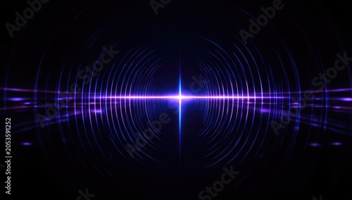 A vibrant, futuristic design featuring radiating concentric circles and a central point of light. The color scheme focuses on blues and purples