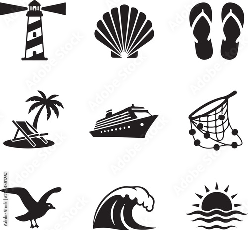 Black Silhouette Ocean Side Vacation Icons Set