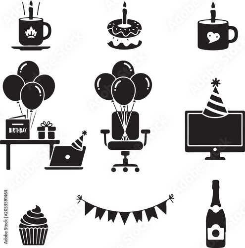 Office Birthday Party Elements Set with Cake and Balloons