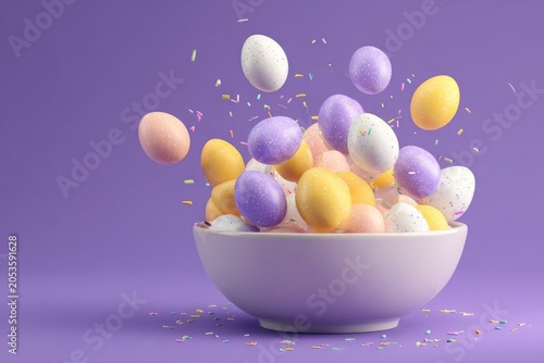 A vibrant image of pastel colored eggs bursting from a white bowl with sprinkles against a purple background