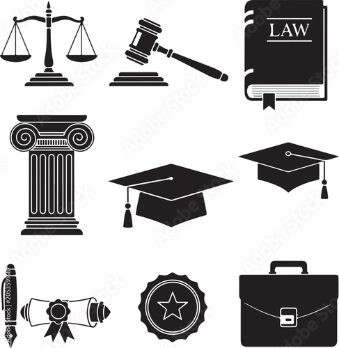 Law School Graduation Emblems and Symbols Set