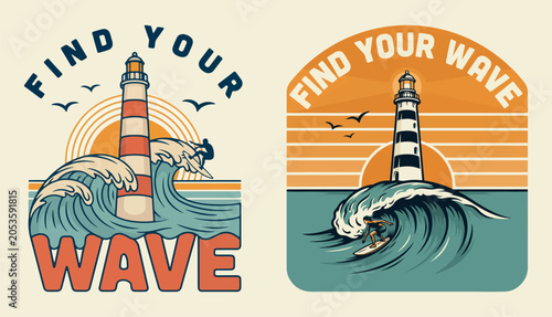 Retro lighthouse and surfer on wave illustration surfing