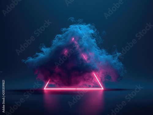 A vibrant neon triangle glows, engulfed by swirling clouds of blue and purple smoke against a dark backdrop