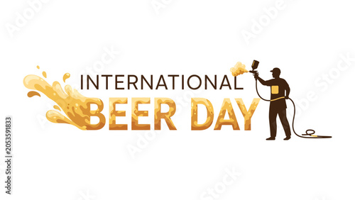 Fotografie International Beer Day Celebration: An artistic illustration celebrates International Beer Day with frothy golden beer splashes and a silhouetted figure spraying a beer mug