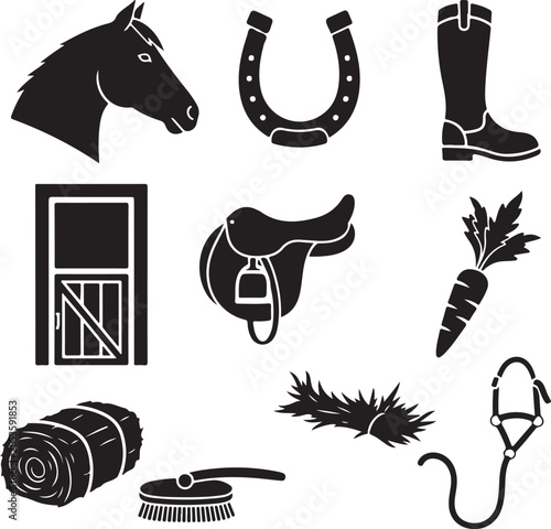 Horse Riding and Equestrian Equipment Silhouette Icons