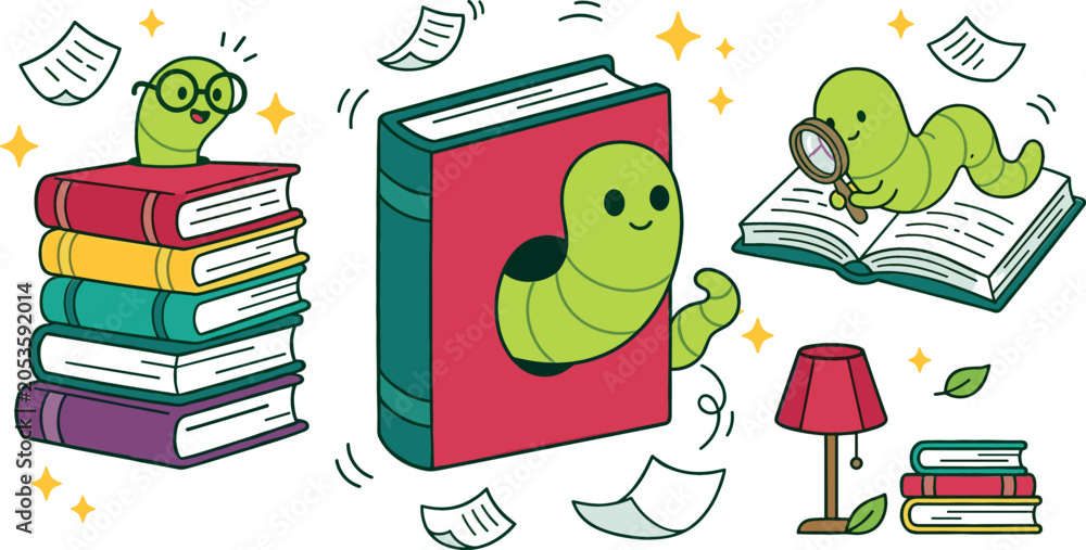 Fotografie Cute bookworm vector cartoon set with green worm character reading books stack m