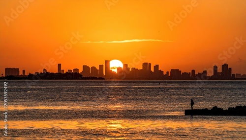 A vibrant sunrise casts a golden glow over a city skyline across a calm body of water, with a silhouette person