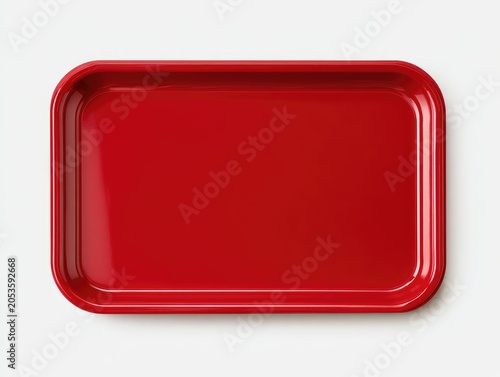A vibrant, top-down shot showcases a rectangular tray in vivid red against a clean, white backdrop, highlighting the smooth, glossy surface
