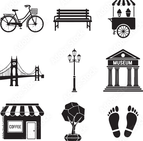 City Stroll Icons Set with Transportation and Landmarks