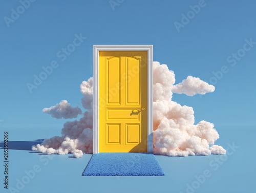 A vibrant yellow door framed by a white-cloud landscape against a light blue backdrop, with a blue doormat