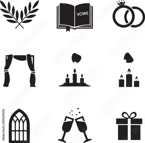 Black Silhouette Wedding Anniversary Icons Set