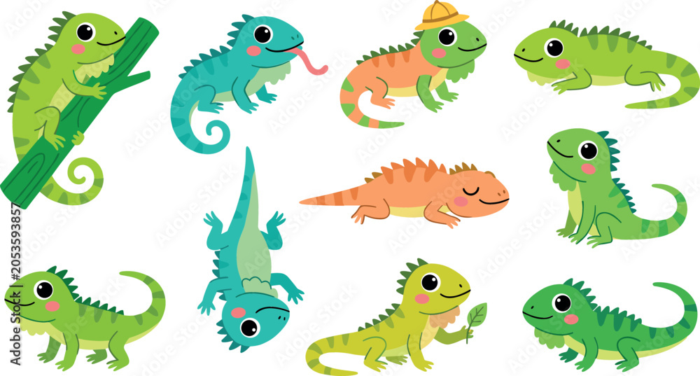 Obraz premium Cute cartoon iguana and lizard character vector set with green chameleon gecko wild reptile animals showing different poses for kids nursery sticker design