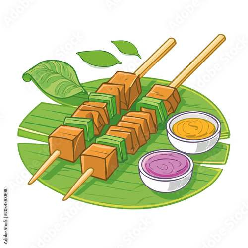 Cartoon grilled skewers with sauce on banana leaf