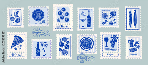 Italian food stamp set. Summer holiday hand drawn doodle vintage postage emblem. Post label vector illustration.