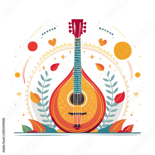 Flat design acoustic guitar with leaves and hearts