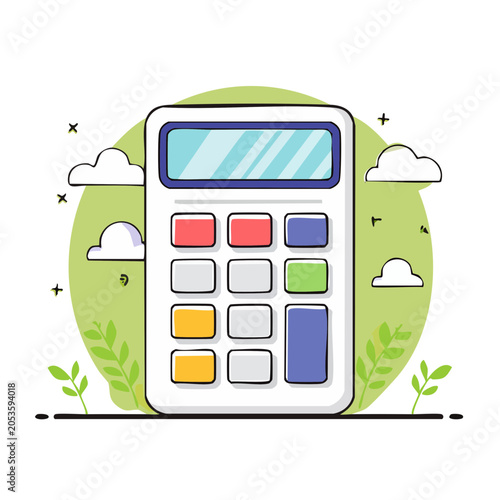 Flat Design Calculator with Leaves and Clouds