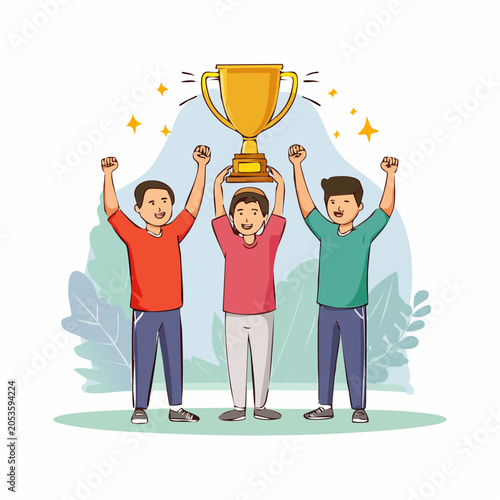 Three people celebrating holding a trophy