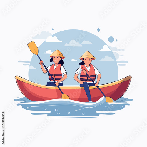 Two people kayaking in a red canoe with life vests and conical hats