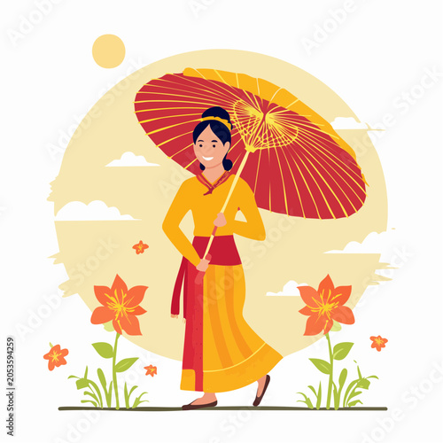 Woman in Traditional Dress Holding Umbrella with Flowers and Sun