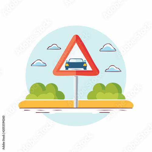 Warning Sign with Car Icon and Landscape