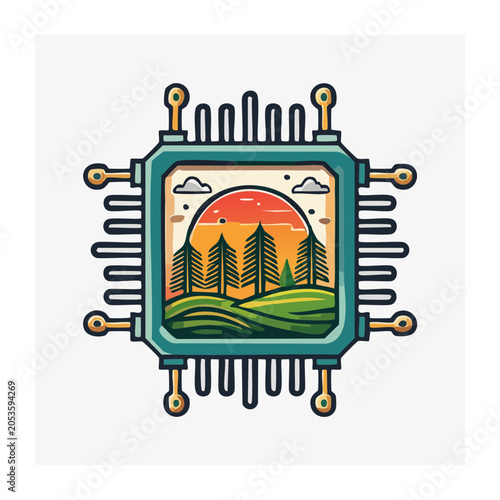 Microchip Illustration with Landscape Scene