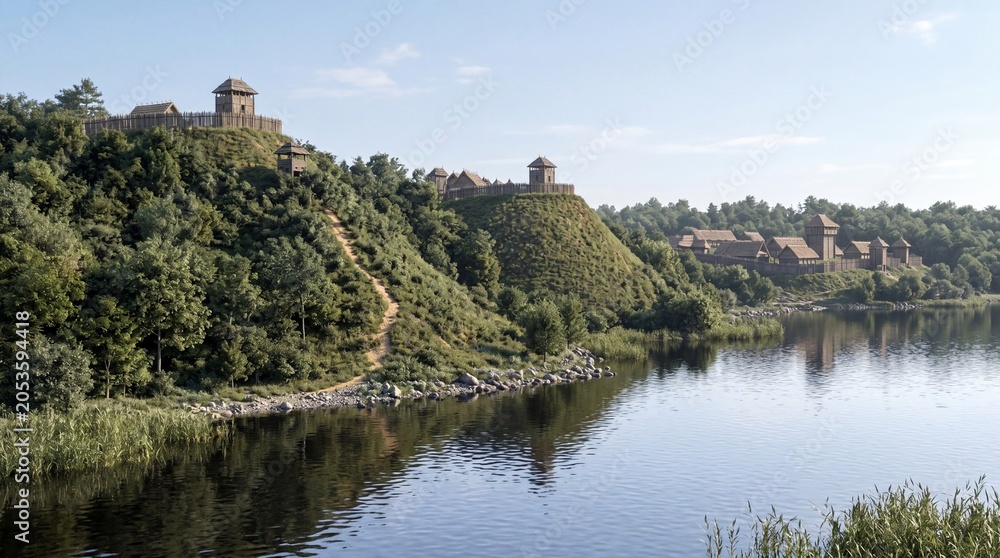 Fototapeta premium Nestled by the river, ancient castles rise above the water, surrounded by lush trees and green hills. A peaceful scene reflects history and nature in perfect harmony.